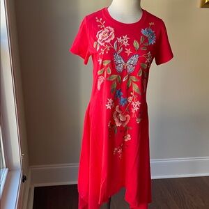 Johnny Was Bright Red Embroidered High Low Dress